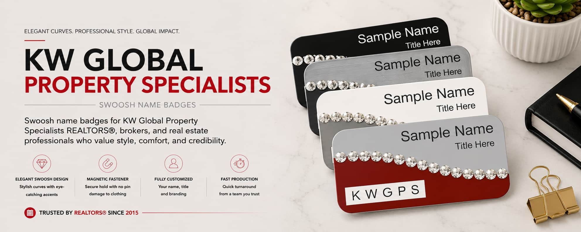 KW Global Property Specialists swoosh name badges for REALTORS and Keller Williams professionals