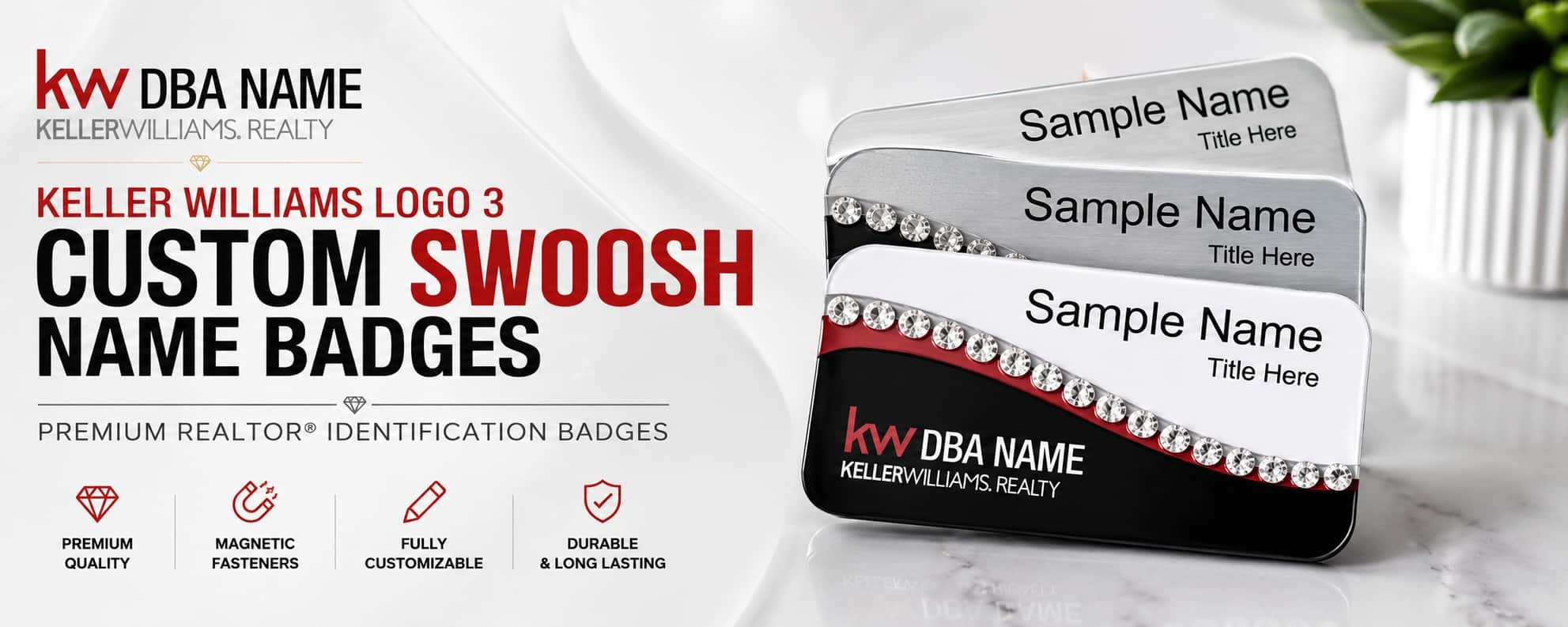 Keller Williams Logo 3 Swoosh REALTOR name badges with custom DBA branding