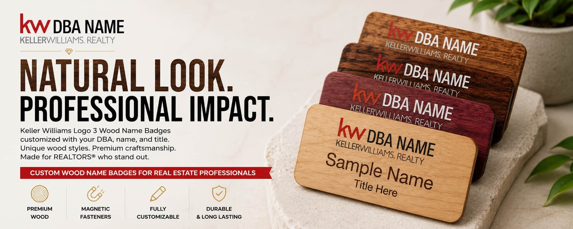 Keller Williams Logo 3 Wood REALTOR name badges with custom DBA branding