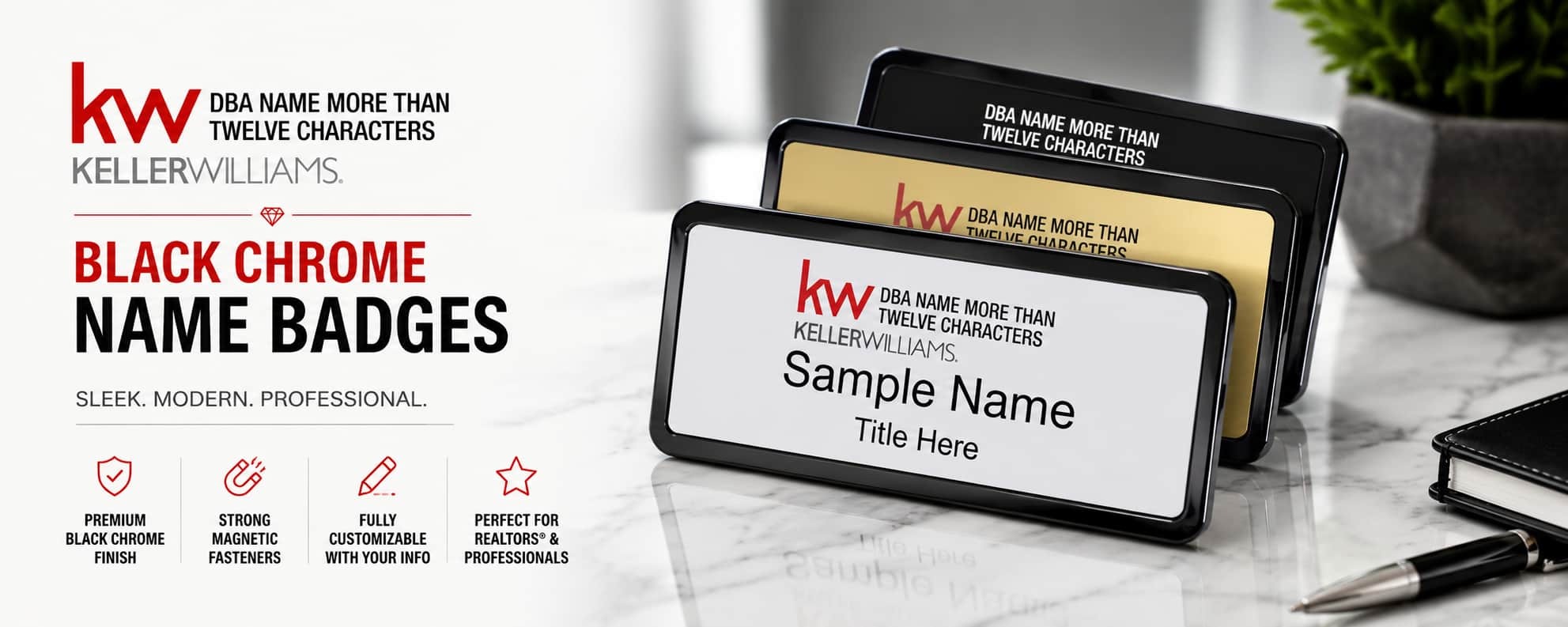 Keller Williams Logo 5 black chrome REALTOR name badges