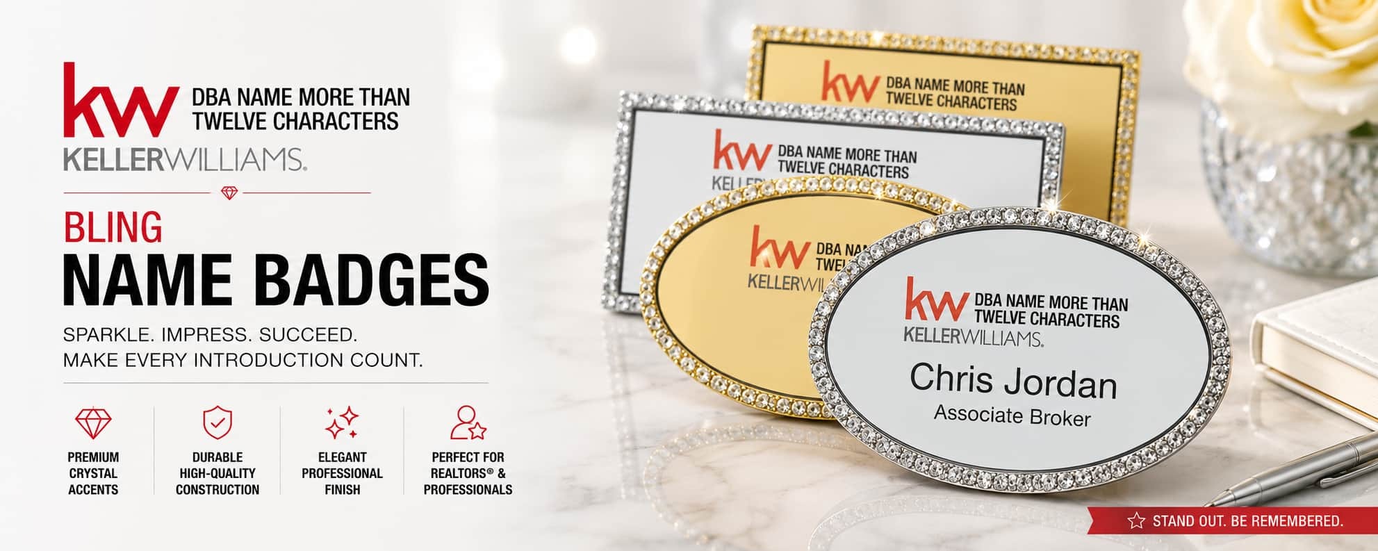 Keller Williams Logo 5 crystal bling REALTOR name badges