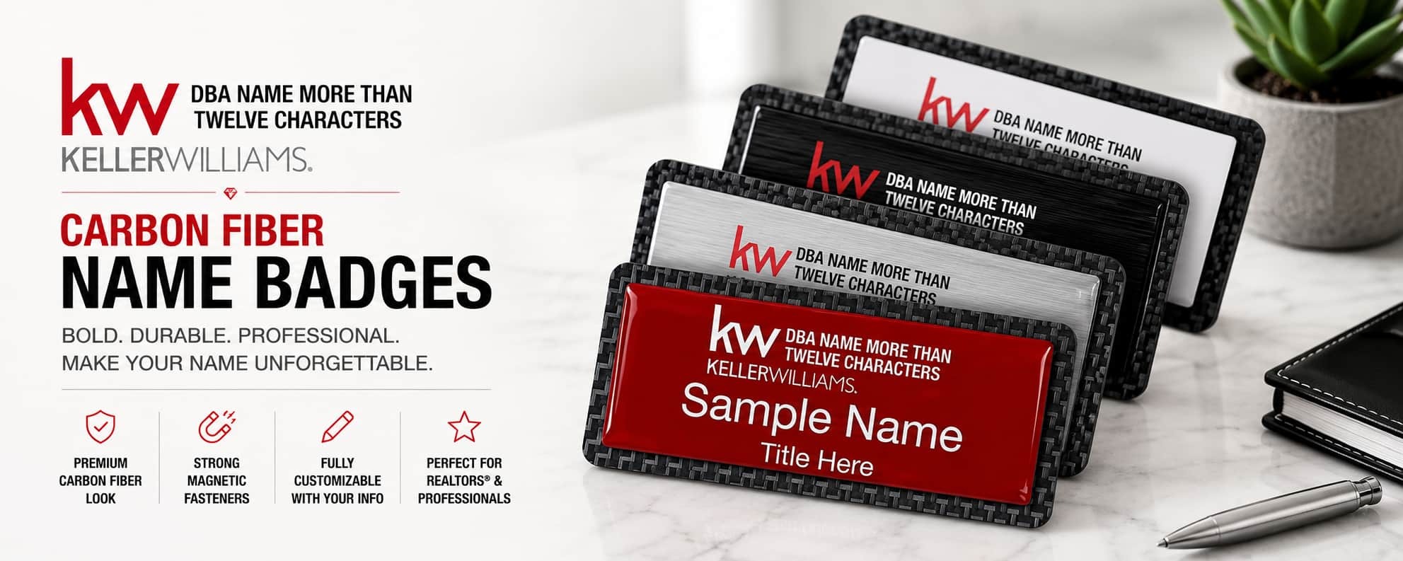 Keller Williams Logo 5 carbon fiber REALTOR name badges