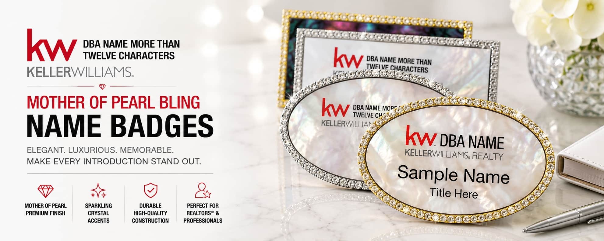 Keller Williams Logo 5 Mother of Pearl bling REALTOR name badges