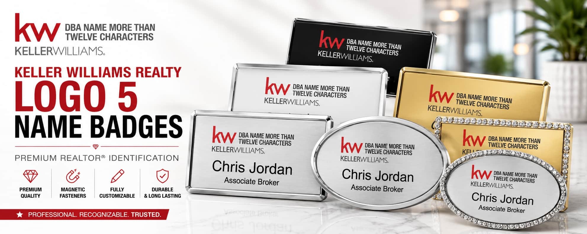 Keller Williams Logo 5 custom REALTOR name badges with premium badge styles