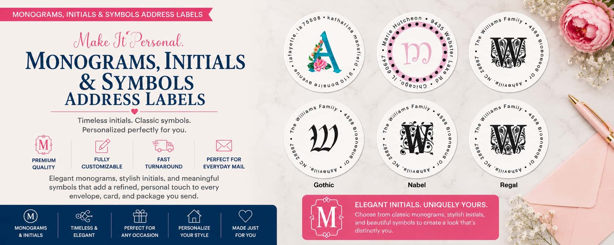 Personalized monograms initials and symbols address labels featuring elegant initials, decorative typography, and classic monogram mailing label designs