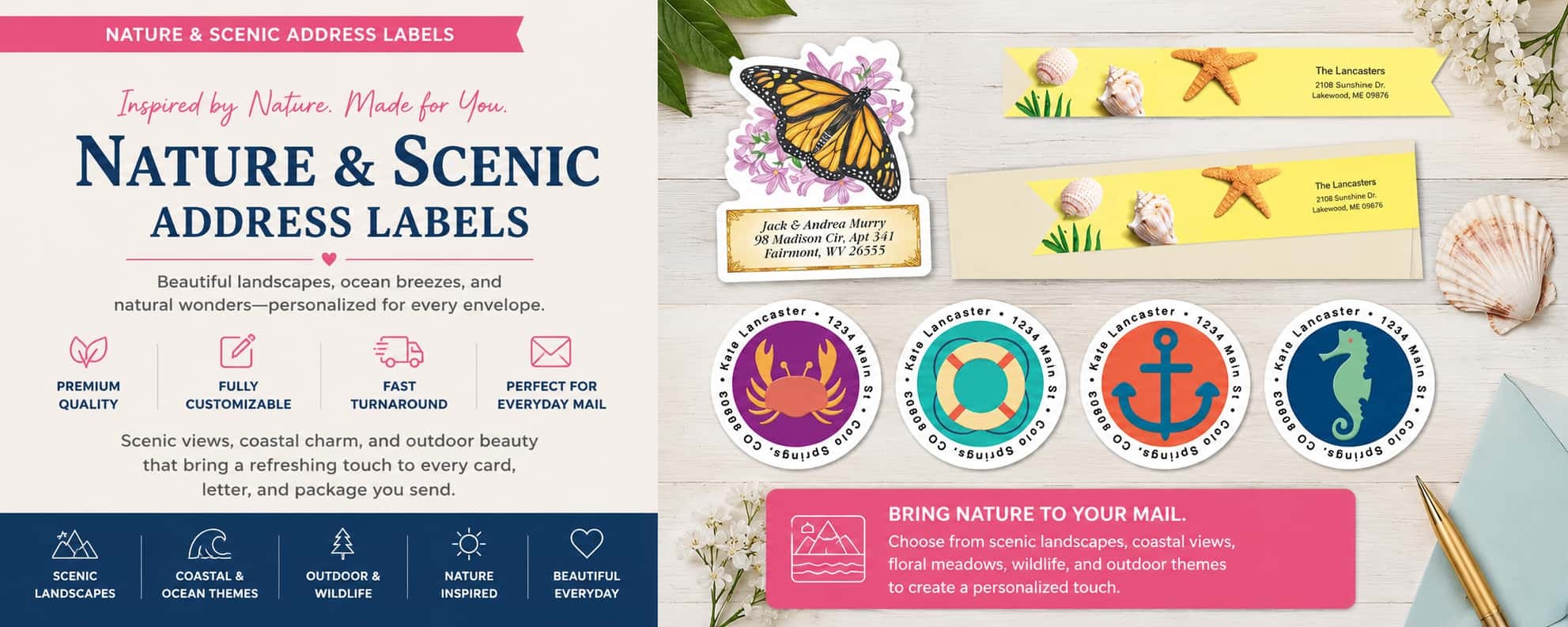 Personalized nature and scenic address labels featuring coastal themes, butterflies, wildlife, beach designs, and outdoor-inspired mailing labels