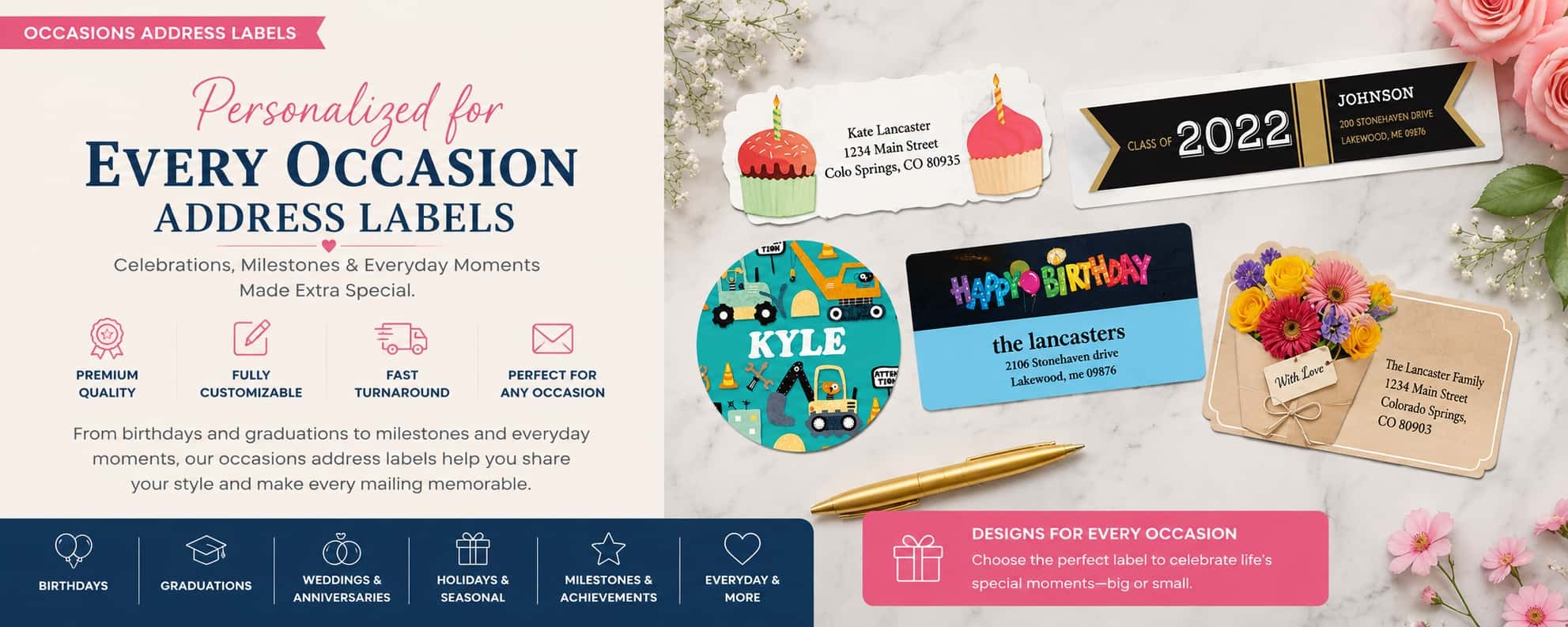Personalized occasions address labels for birthdays, graduations, celebrations, milestones, and special events