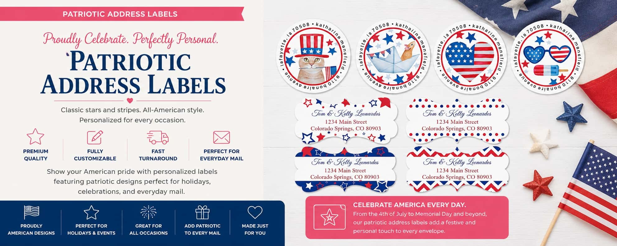 Personalized patriotic address labels featuring American flag themes, red white and blue designs, stars, and patriotic mailing labels