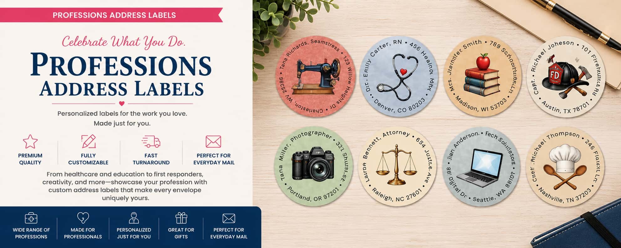 Personalized professions address labels featuring career themed artwork for healthcare, education, photography, law, firefighting, technology, and creative professions