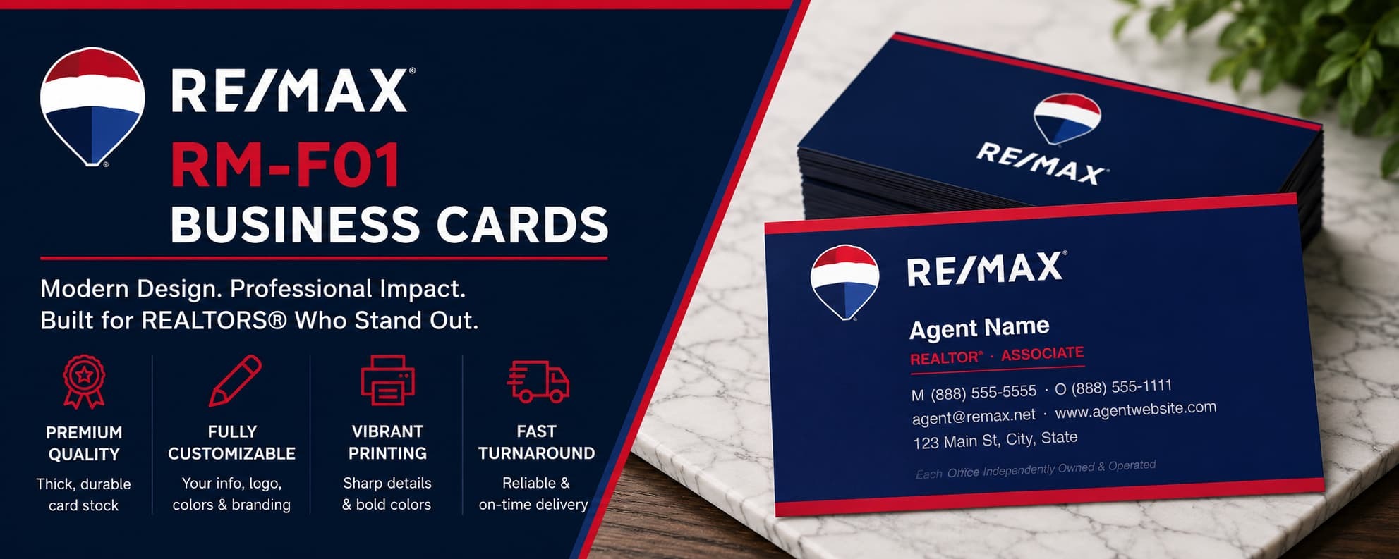 RE/MAX RM-F01 customizable REALTOR business cards with premium professional real estate branding design