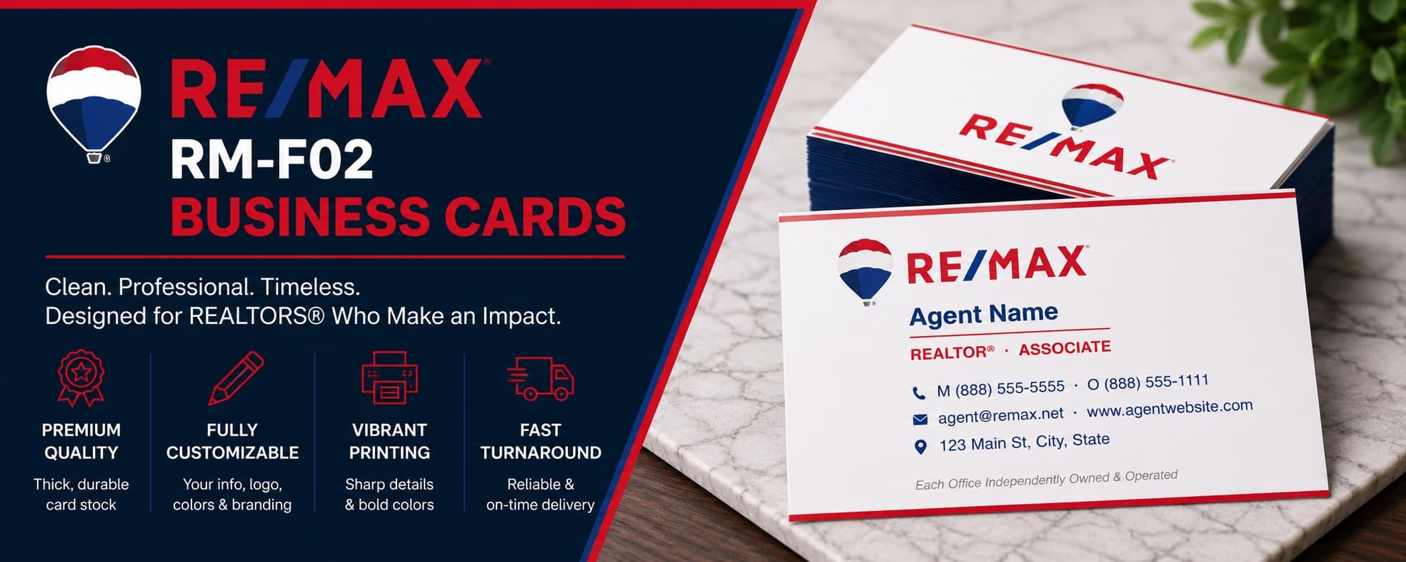 RE/MAX RM-F02 professional REALTOR business cards with customizable real estate branding and premium printing