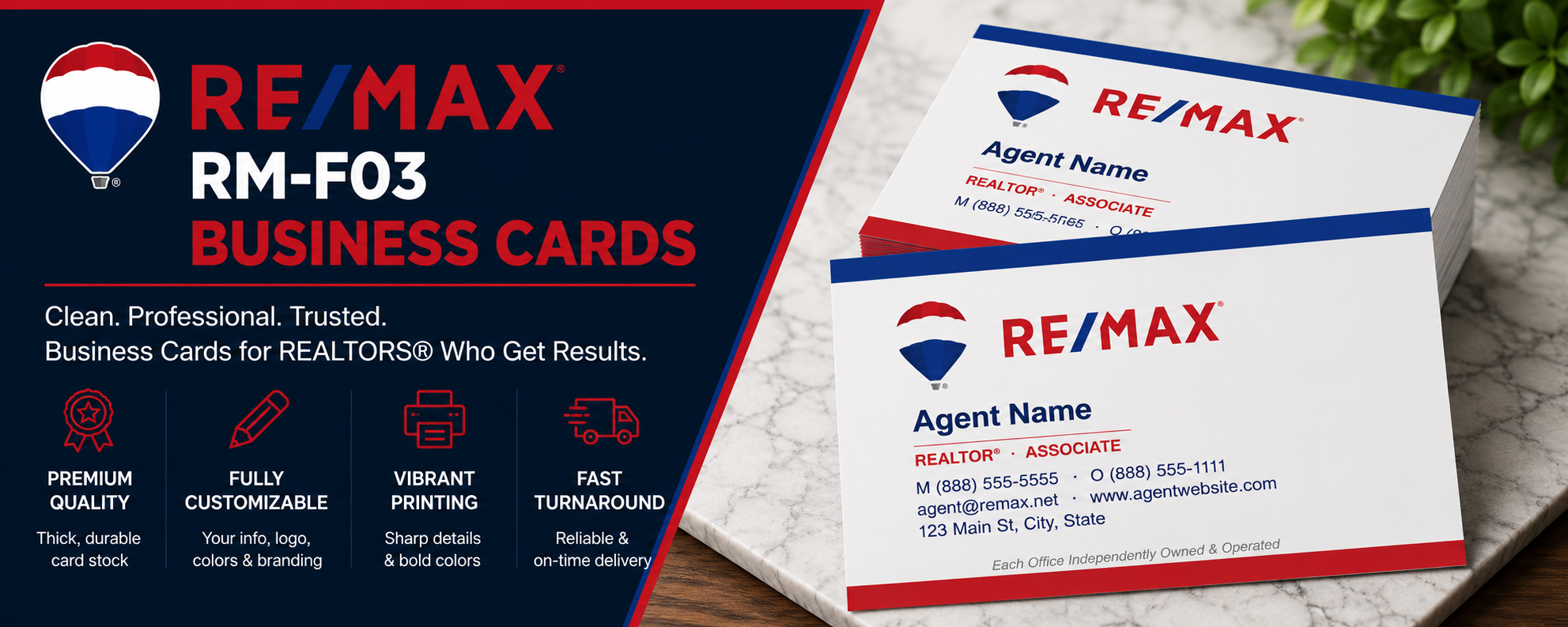 RE/MAX RM-F03 REALTOR business cards with customizable branding and premium real estate printing