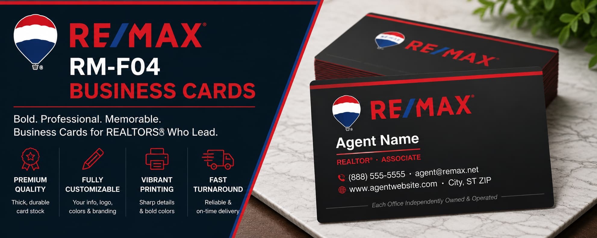 RE/MAX RM-F04 premium REALTOR business cards with bold customizable real estate branding