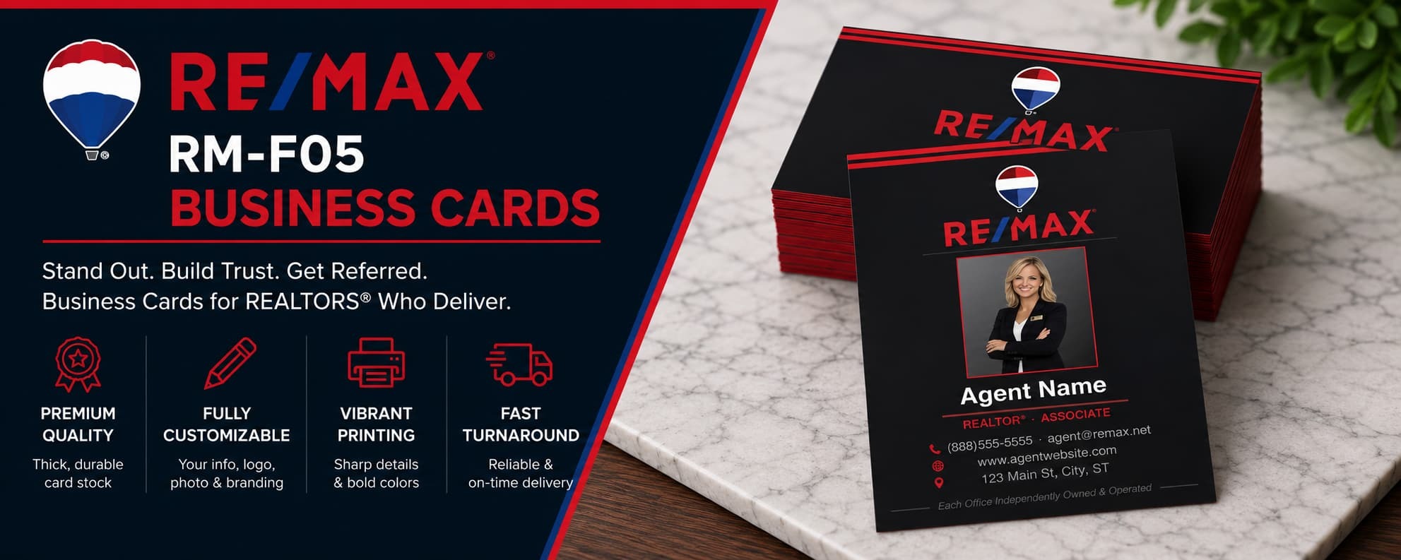 RE/MAX RM-F05 vertical REALTOR business cards with agent photo and customizable real estate branding