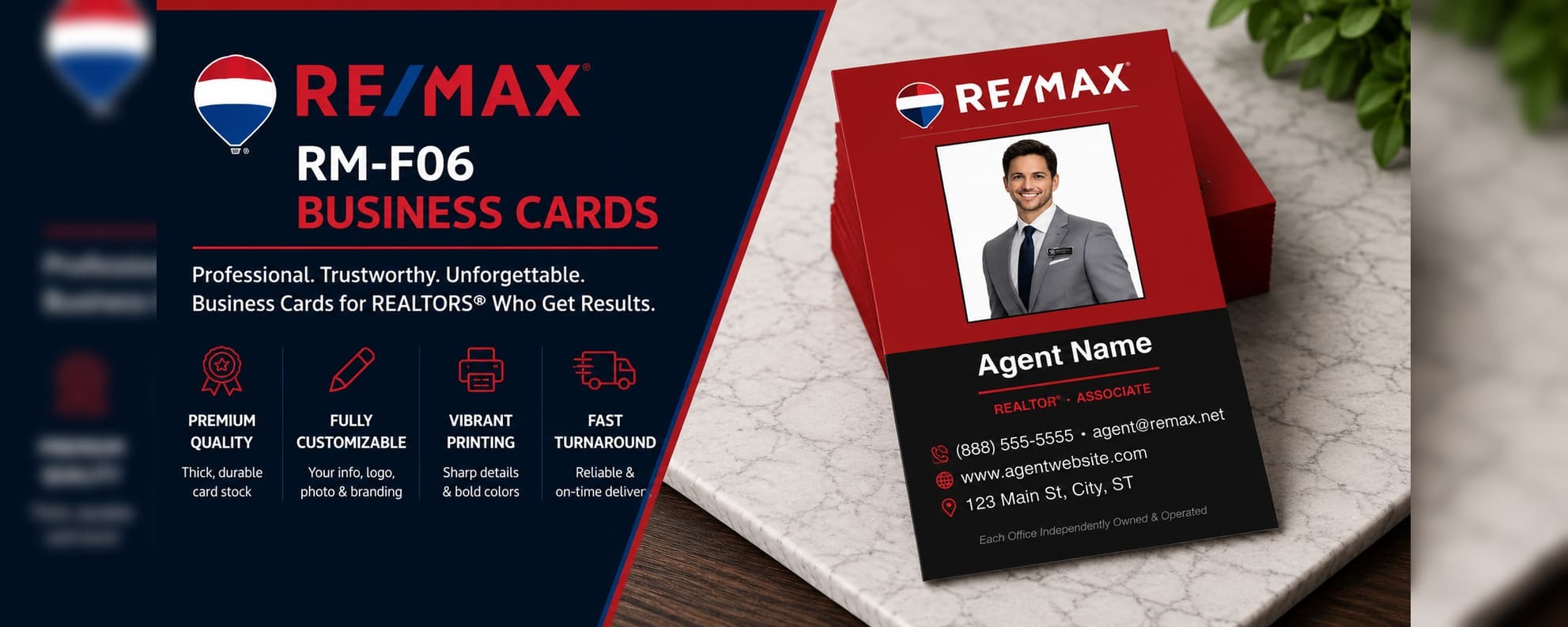 RE/MAX RM-F06 vertical REALTOR business cards with custom agent photo and bold real estate branding