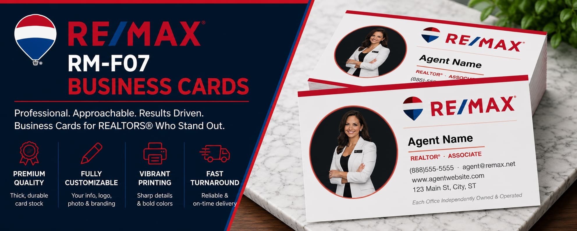 RE/MAX RM-F07 vertical REALTOR business cards with circular agent photo and custom real estate branding