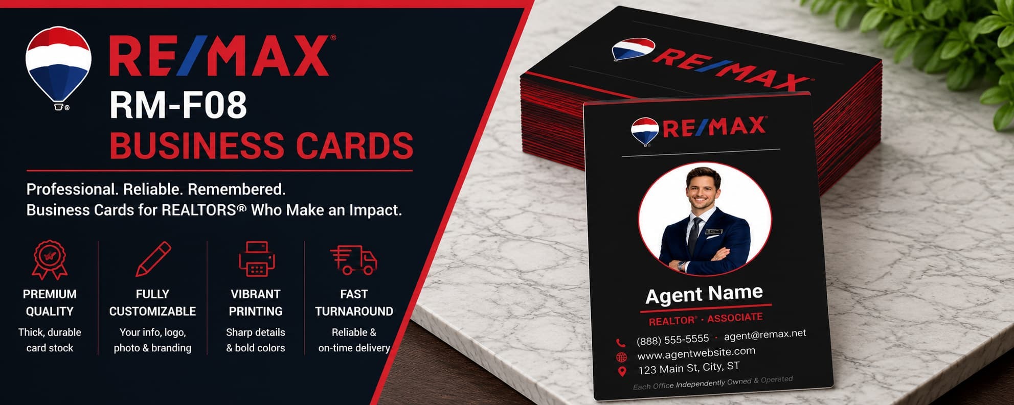 RE/MAX RM-F08 vertical REALTOR business cards with modern circular photo branding and premium real estate design