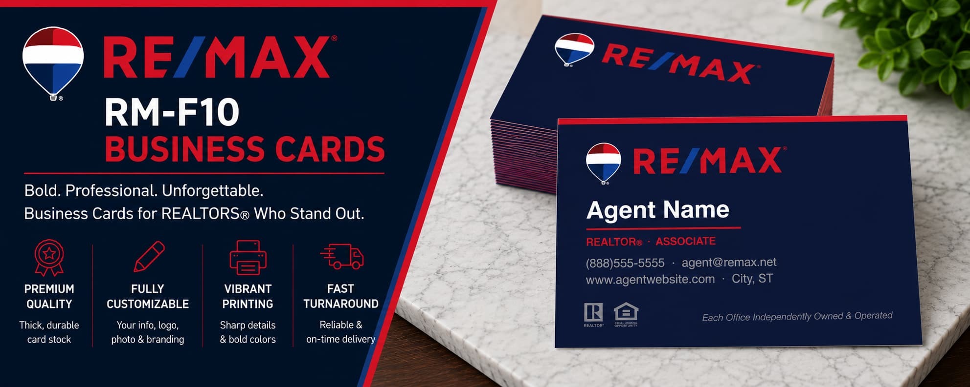 RE/MAX RM-F10 REALTOR business cards with bold navy professional real estate branding