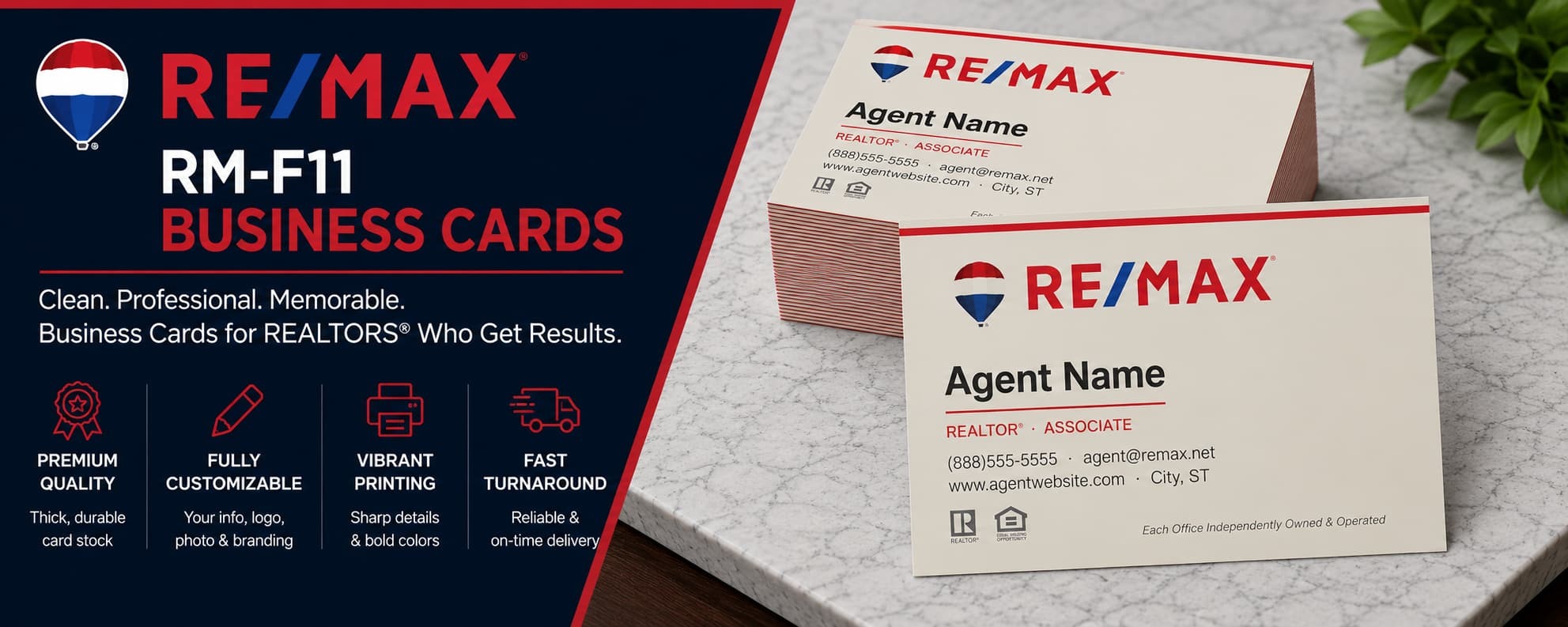 RE/MAX RM-F11 clean professional REALTOR business cards with customizable real estate branding