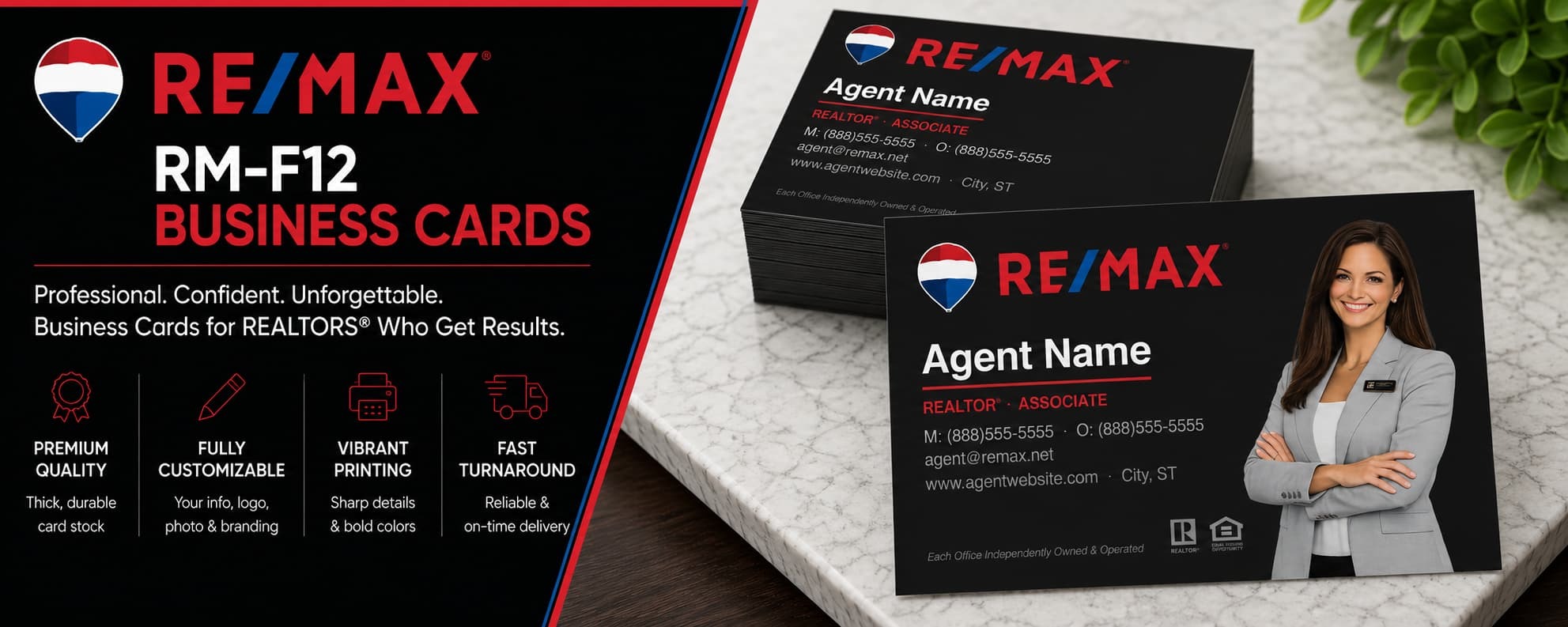 RE/MAX RM-F12 REALTOR business cards with modern full photo real estate branding design