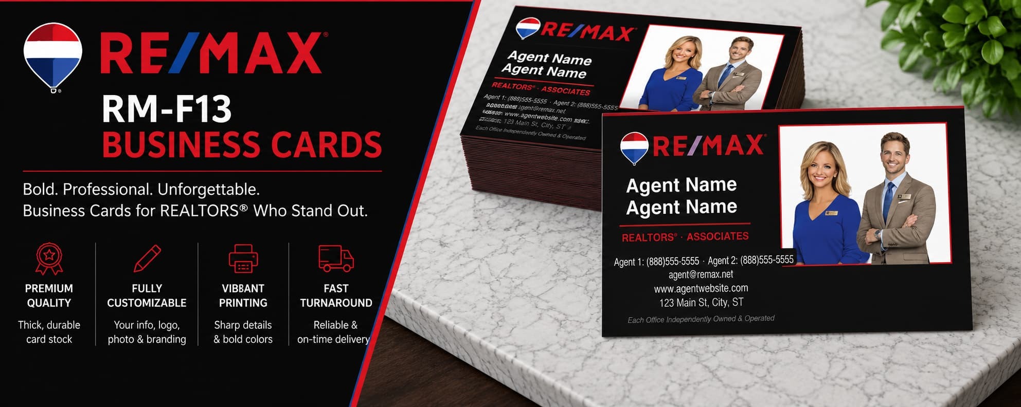 RE/MAX RM-F13 team REALTOR business cards with dual agent photo branding and modern real estate design