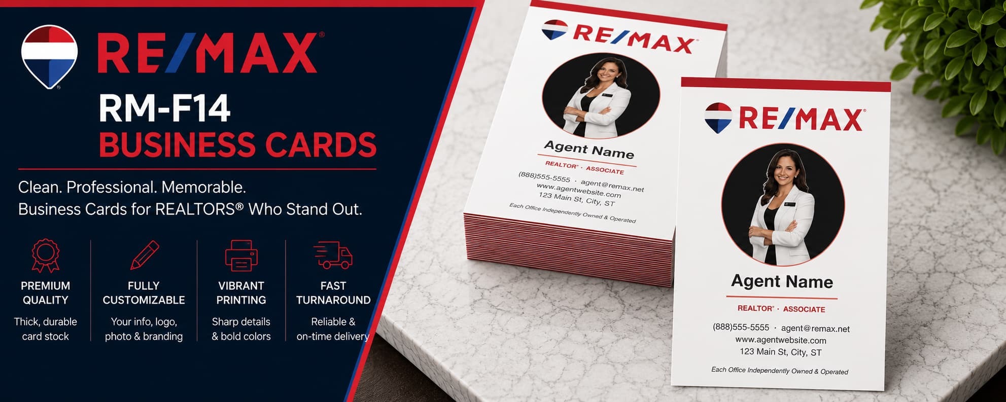 RE/MAX RM-F14 REALTOR business cards with circular professional photo and modern real estate branding