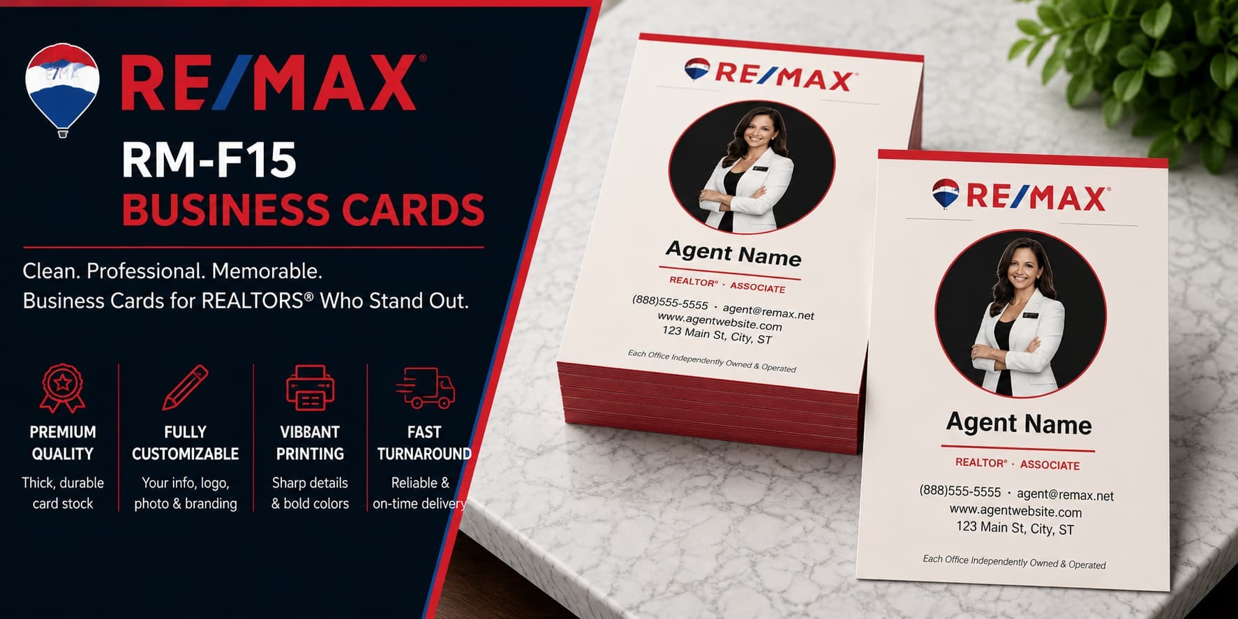 RE/MAX RM-F15 REALTOR business cards with elegant circular photo and modern real estate branding