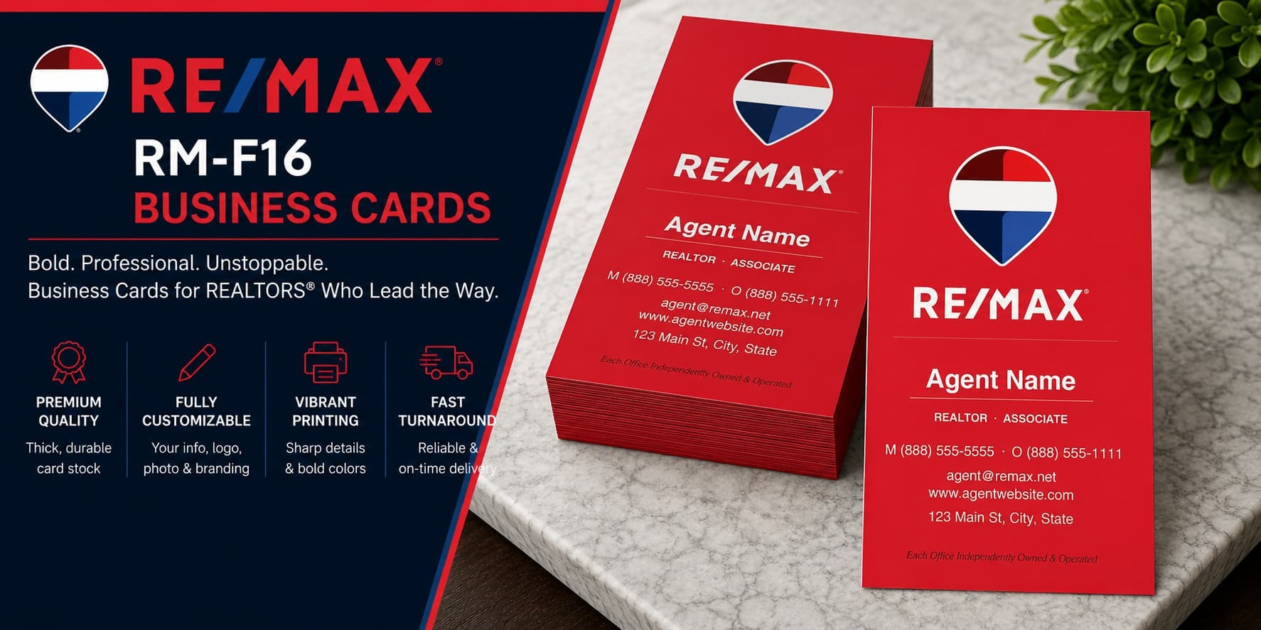 RE/MAX RM-F16 bold red REALTOR business cards with modern professional real estate branding