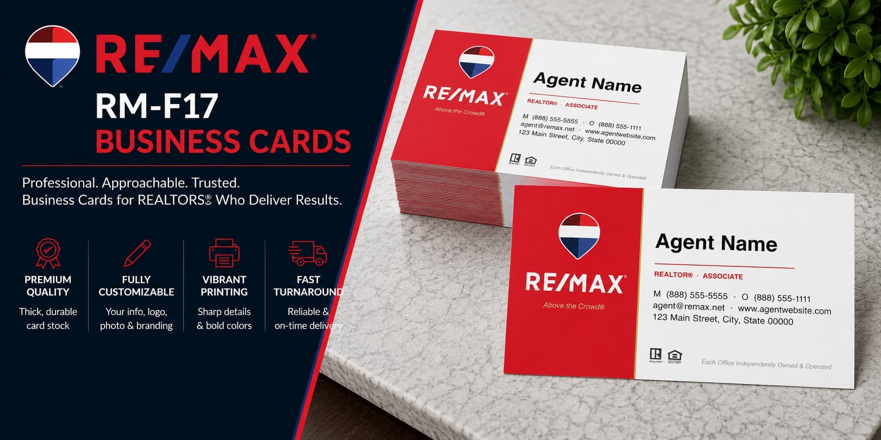 RE/MAX RM-F17 REALTOR business cards with modern split layout and professional real estate branding