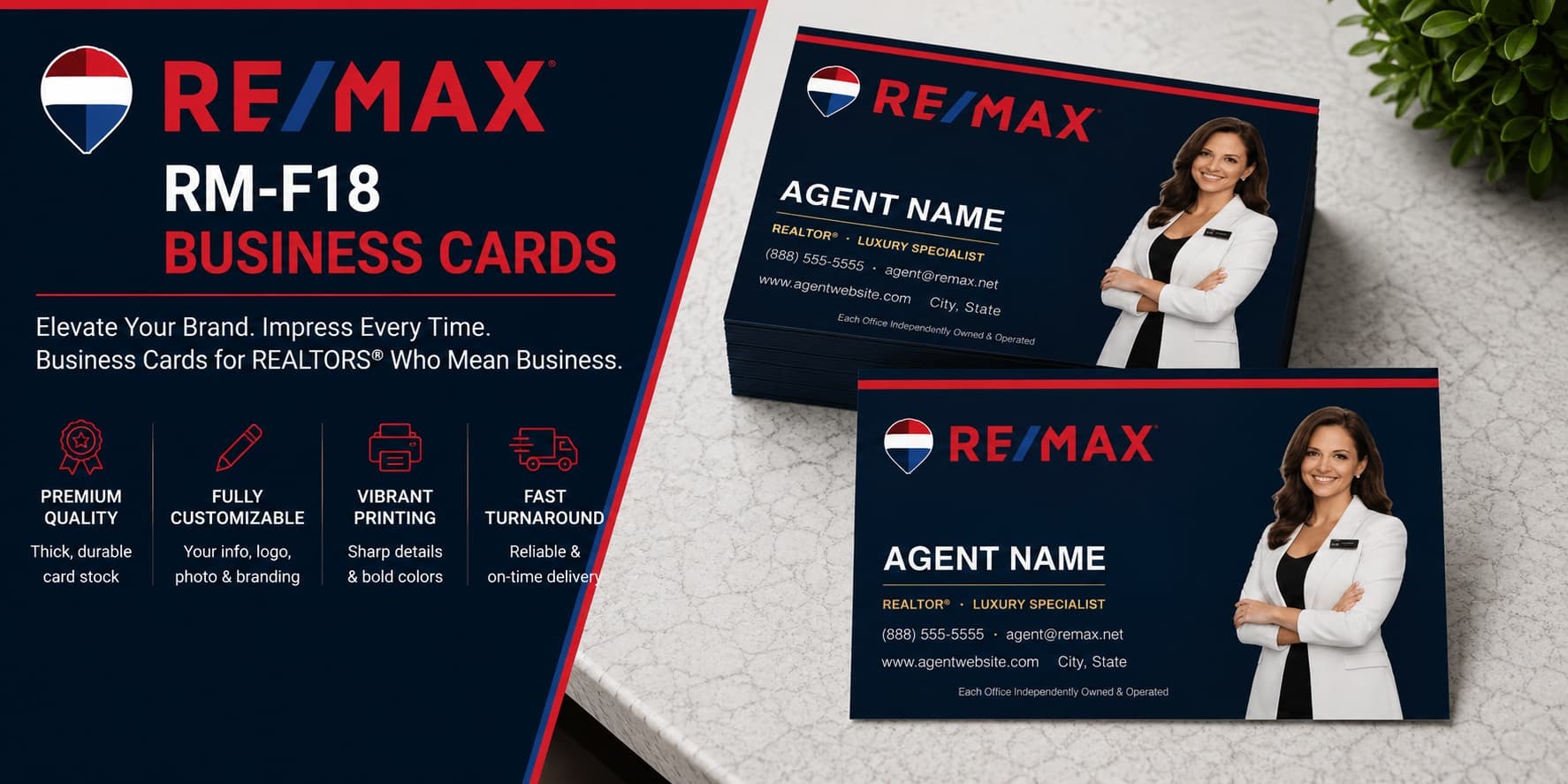 RE/MAX RM-F18 luxury REALTOR business cards with professional photo and premium real estate branding