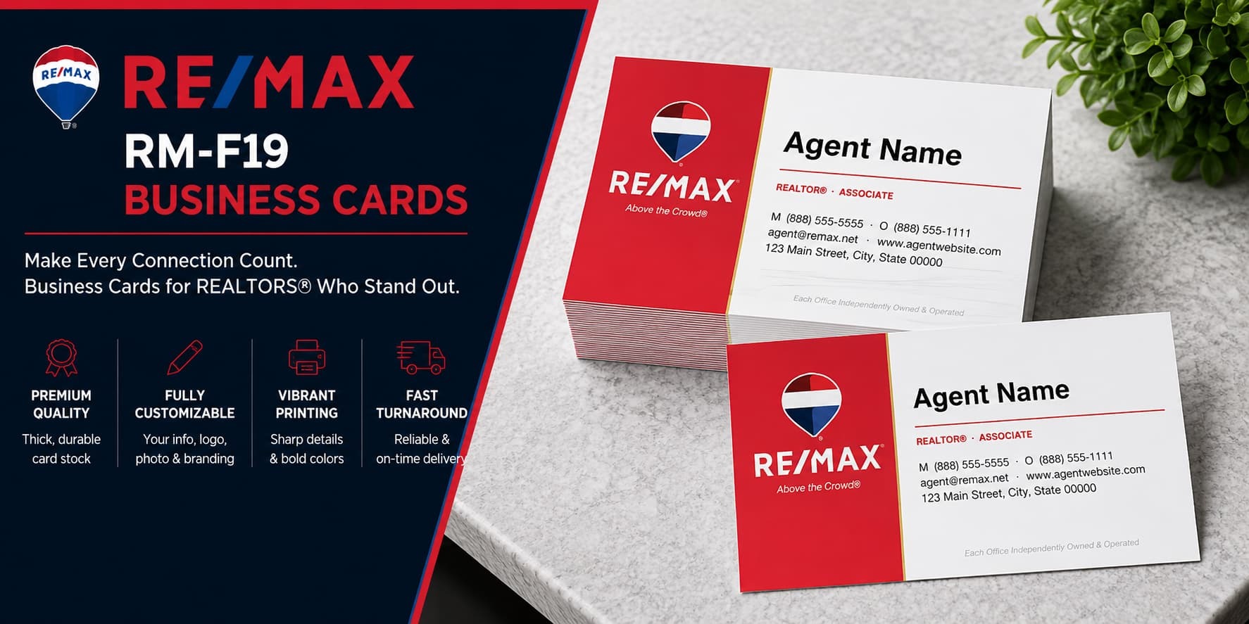 RE/MAX RM-F19 REALTOR business cards with modern split branding and professional real estate design