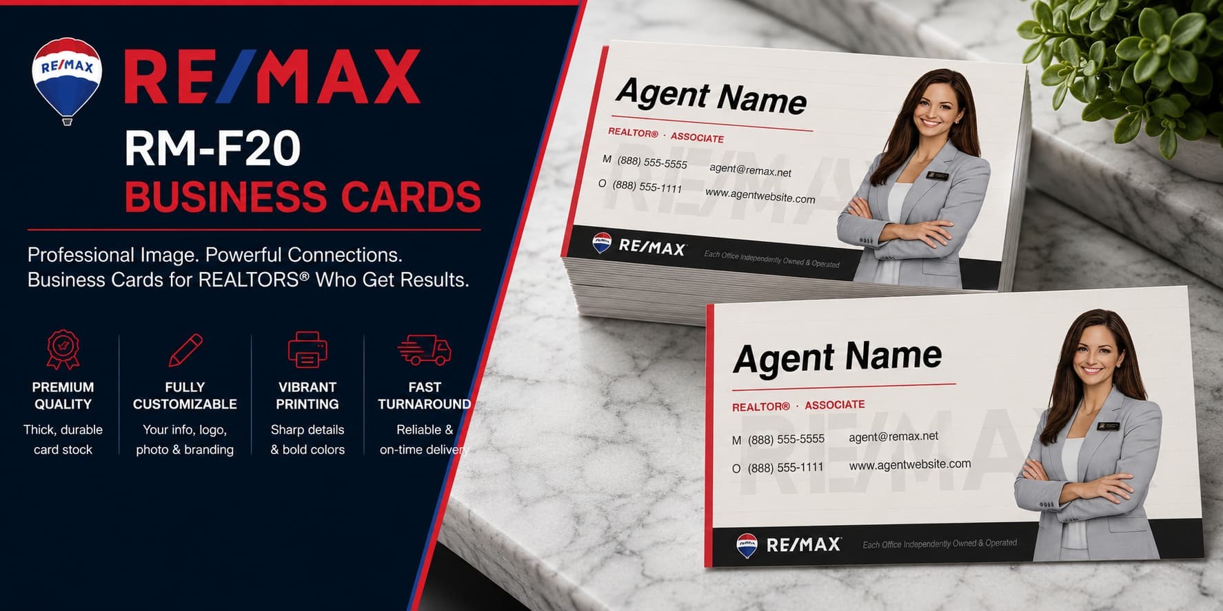 RE/MAX RM-F20 REALTOR business cards with modern photo branding and clean luxury layout