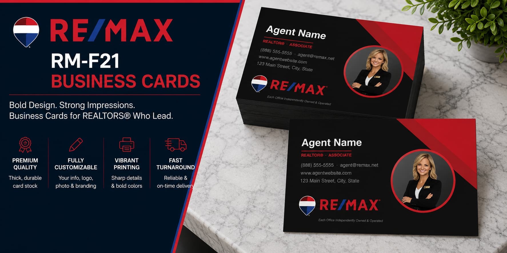 RE/MAX RM-F21 REALTOR business cards with bold black and red luxury real estate branding