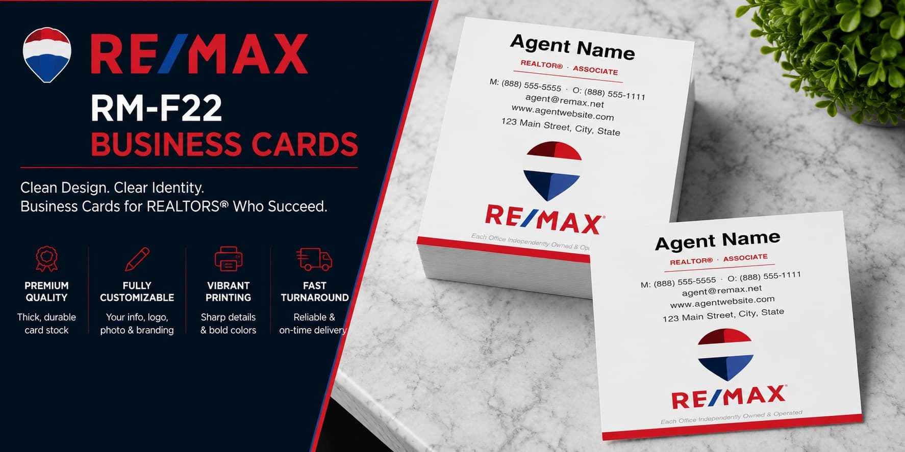 RE/MAX RM-F22 REALTOR business cards with clean modern logo-focused real estate branding