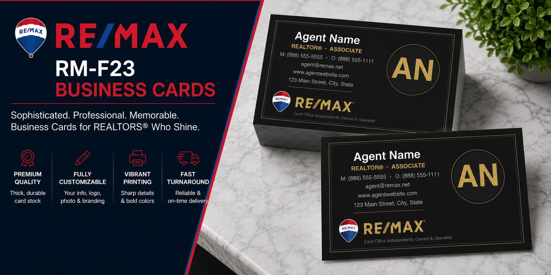 RE/MAX RM-F23 luxury black and gold REALTOR business cards with premium real estate branding
