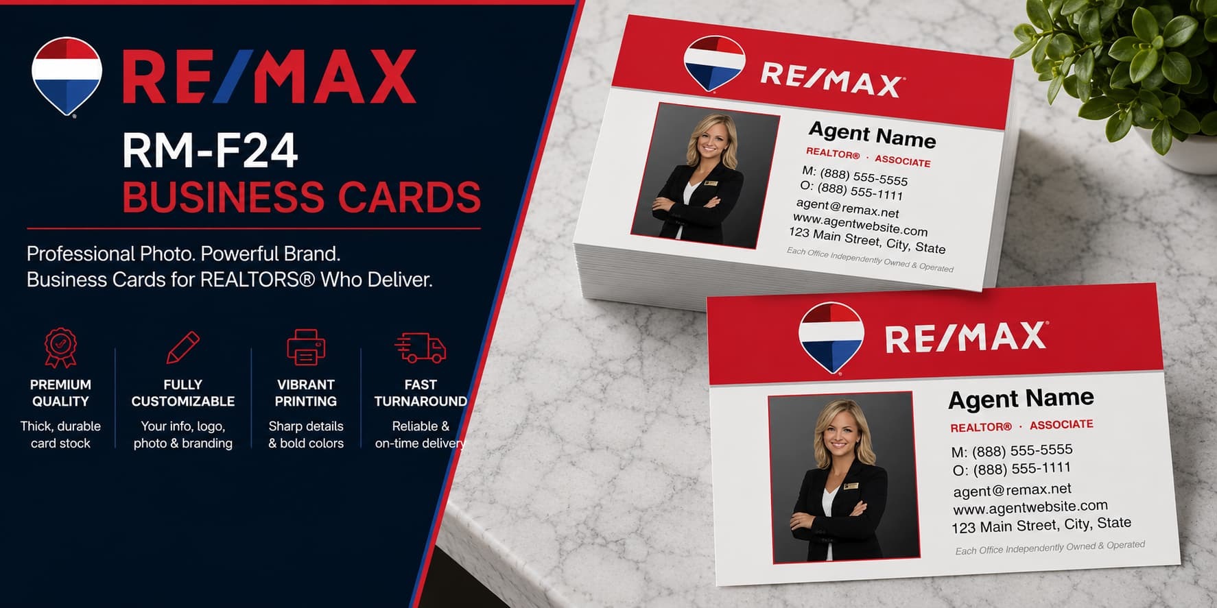 RE/MAX RM-F24 REALTOR business cards with modern photo branding and bold red real estate design