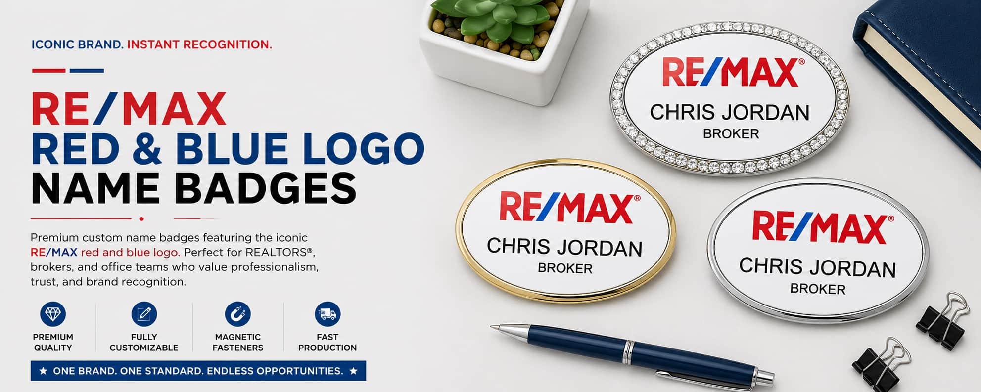 RE/MAX Red and Blue Logo name badges for REALTORS and real estate professionals