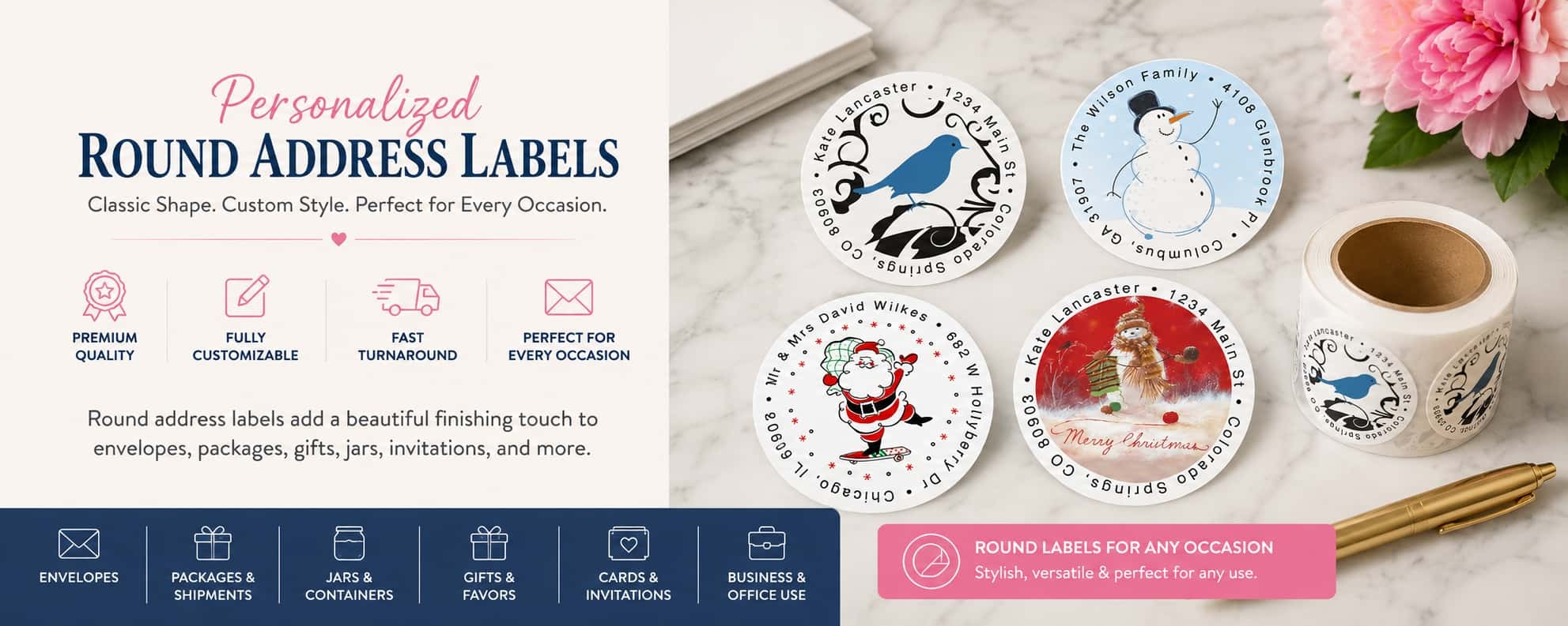 Personalized round address labels for envelopes, gifts, invitations, packaging, jars, and business use