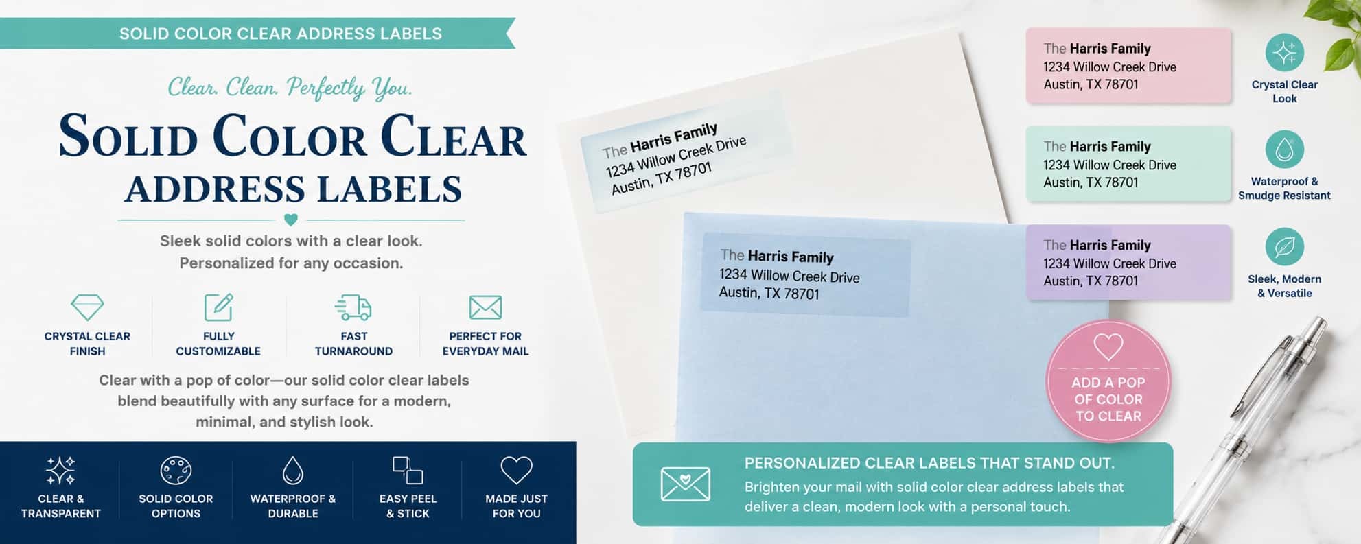 Personalized solid color and clear address labels featuring minimalist designs, transparent labels, and modern mailing label styles