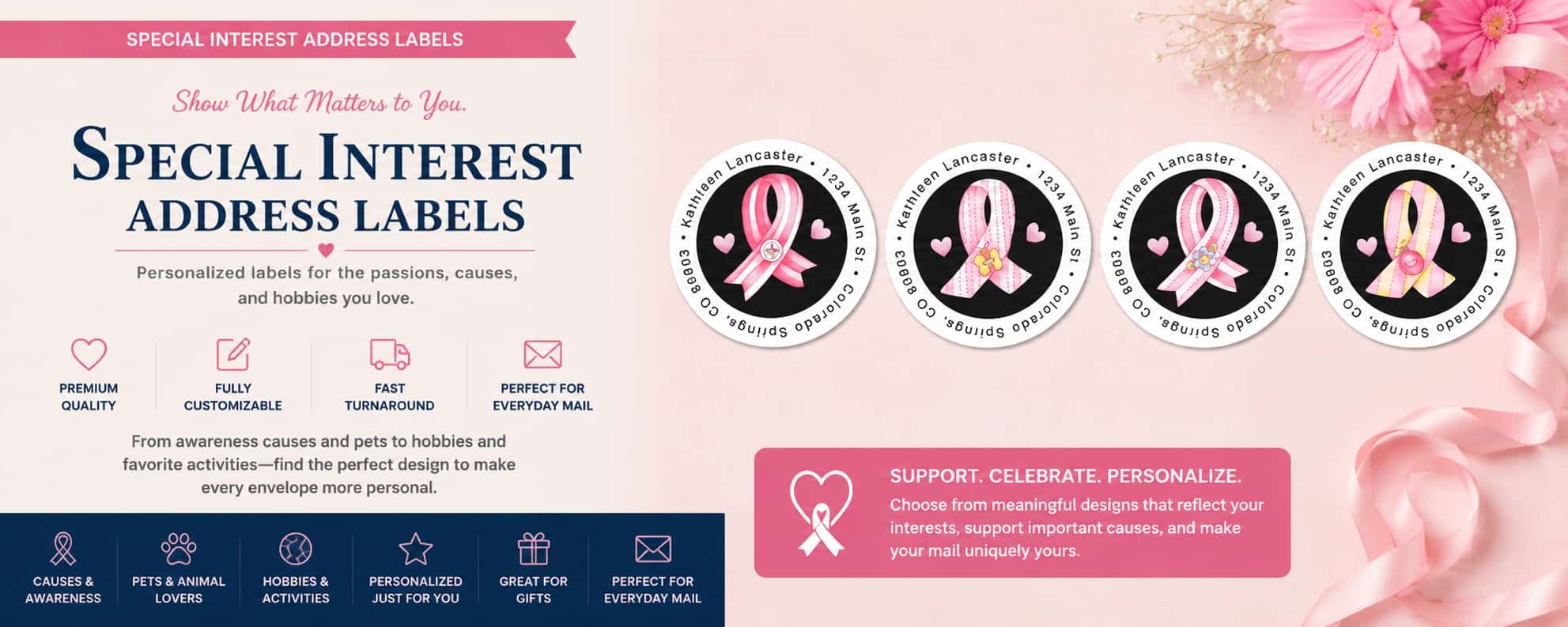 Personalized special interest address labels featuring awareness ribbons, hobbies, causes, pets, and meaningful themed mailing label designs