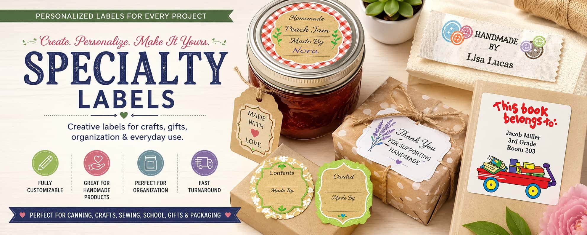 Personalized specialty labels featuring handmade labels, canning stickers, sewing labels, book labels, and custom craft labeling designs