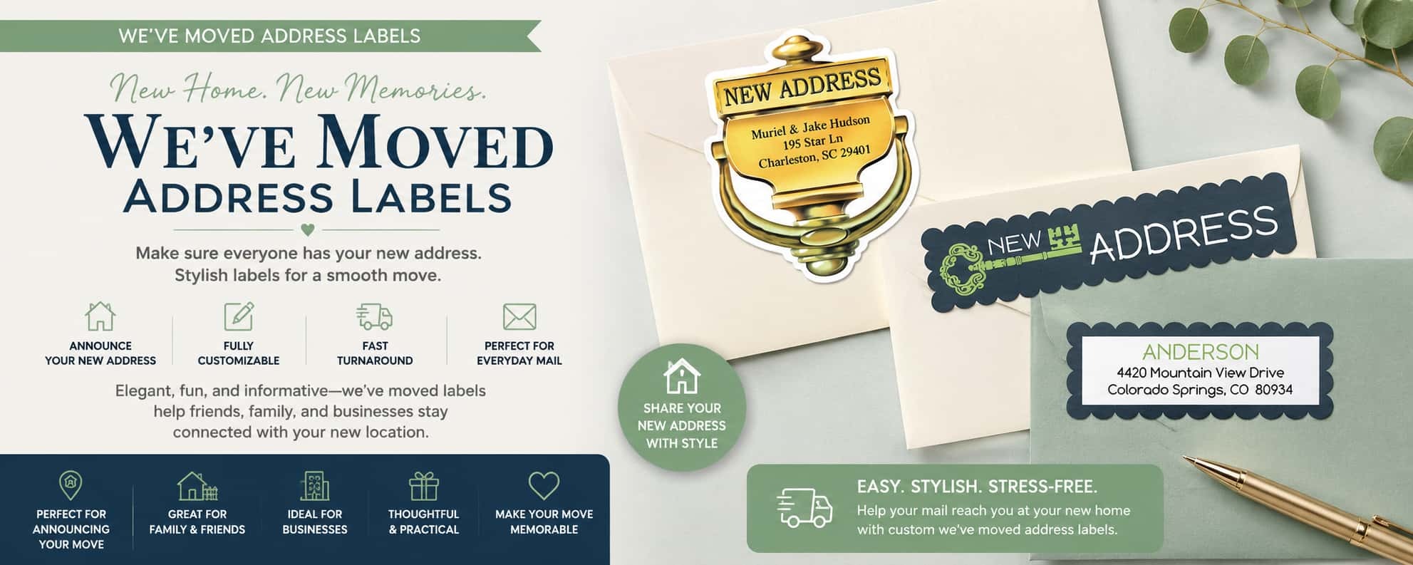 Personalized we've moved address labels featuring new address announcements, moving labels, and relocation mailing label designs