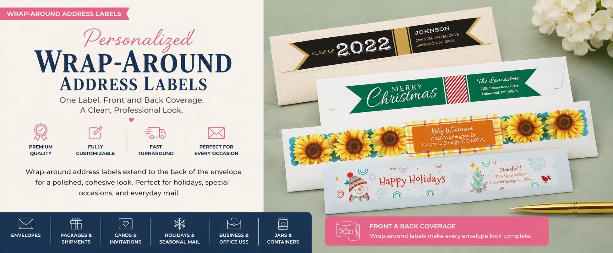 Personalized wrap-around address labels for envelopes, holiday mailings, invitations, packages, and business correspondence