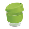 A drink bottle made of clear borosilicate glass with a bright green silicone lid and sleeve.