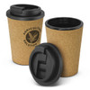 A drink bottle with a cork exterior and black lid, featuring a logo on the side.
