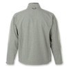 A softshell jacket in a light grey colour with a collar and long sleeves, featuring a logo on the back.