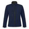 A navy softshell jacket with a high collar and multiple zip pockets, featuring a logo on the sleeve.