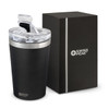 A drink bottle in black with a stainless steel band, accompanied by a black box, featuring a clear lid.
