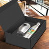 A stainless steel drink bottle and tumbler in a black gift box, featuring various logos.