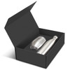 A silver drink bottle and a matching cup in a black gift box, featuring a sleek design and a logo.